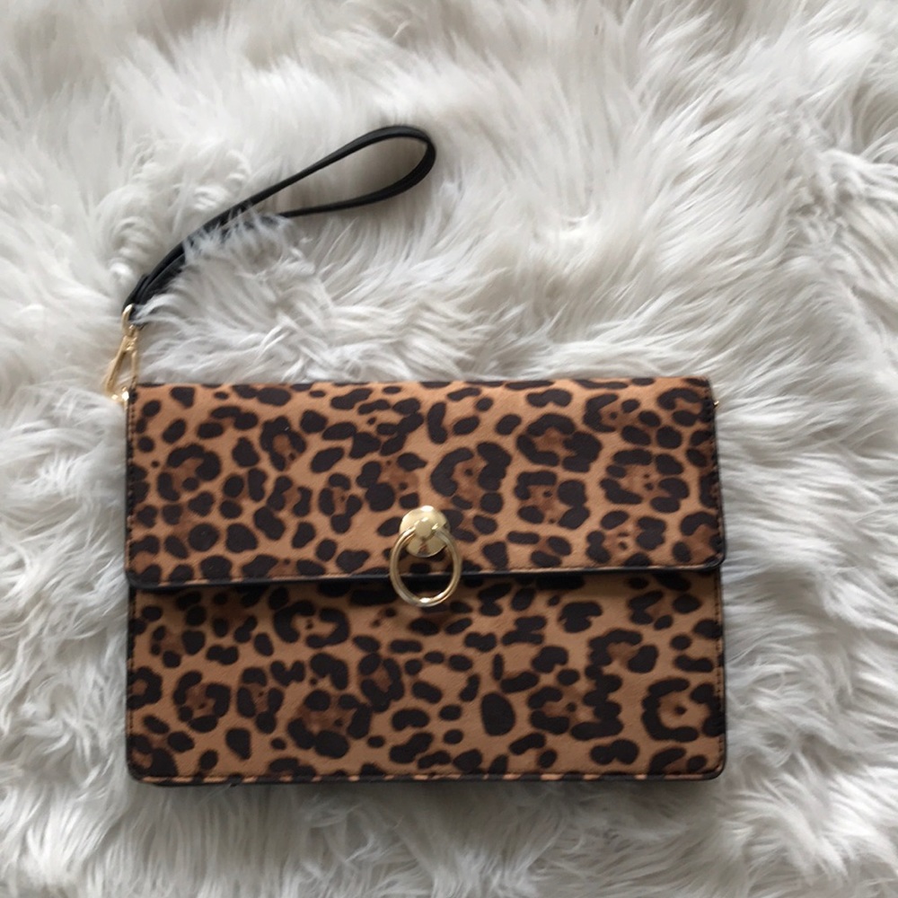Sole Society Leopard Print Clutch in Tan and Black with Gold Hardware
